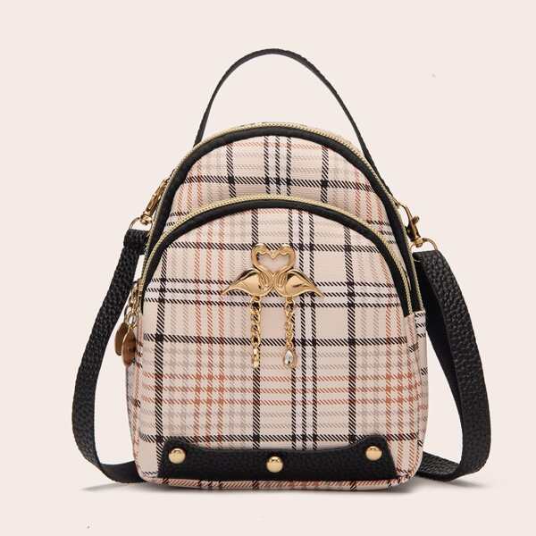 

Metal Swan Decor Plaid Backpack, Khaki