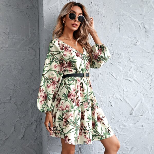 

Floral Print V-neck Smock Dress Without Belt, Multicolor