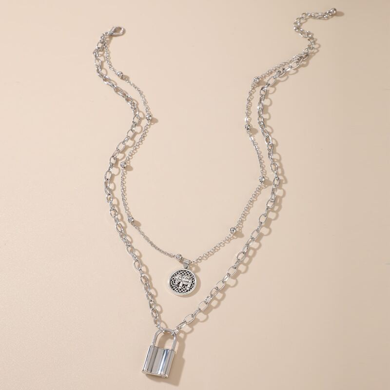 

Lock & Coin Layered Chain Necklace, Silver