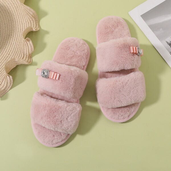 

Rhinestone Decor Fluffy Slippers, Pink