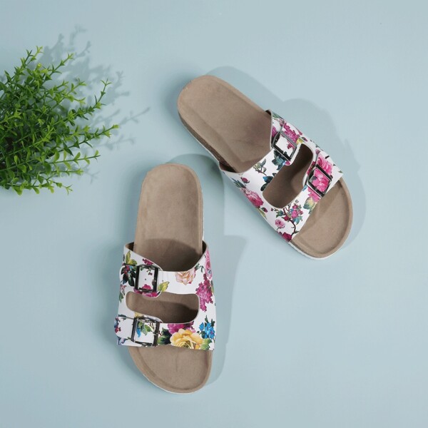

Floral Graphic Buckle Decor Slide Sandals, White