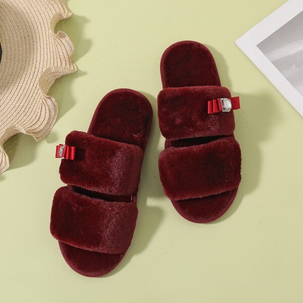 

Rhinestone Decor Fluffy Slippers, Burgundy