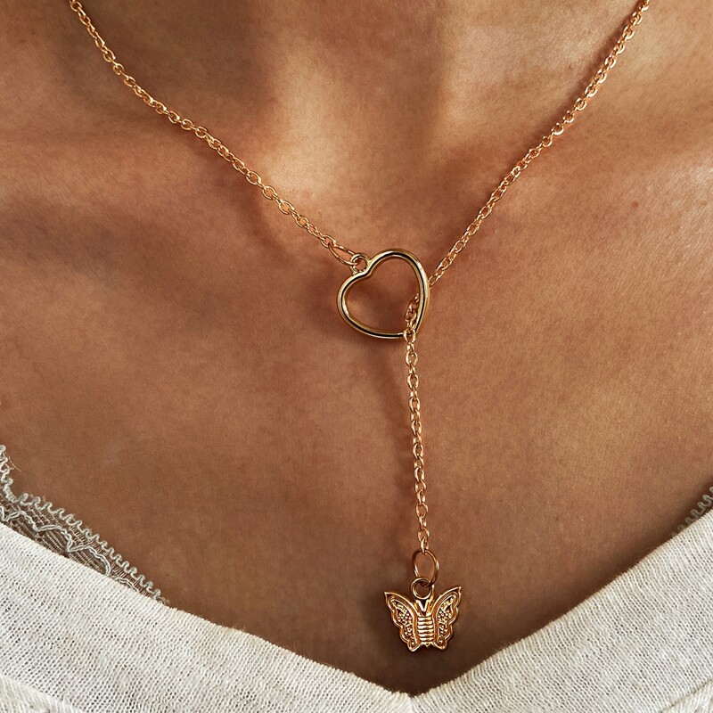 

Butterfly & Heart Decor Necklace, Gold