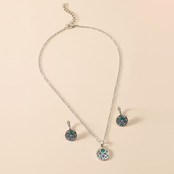 

1pc Rhinestone Pendant Necklace & 1pair Earrings, Multicolor