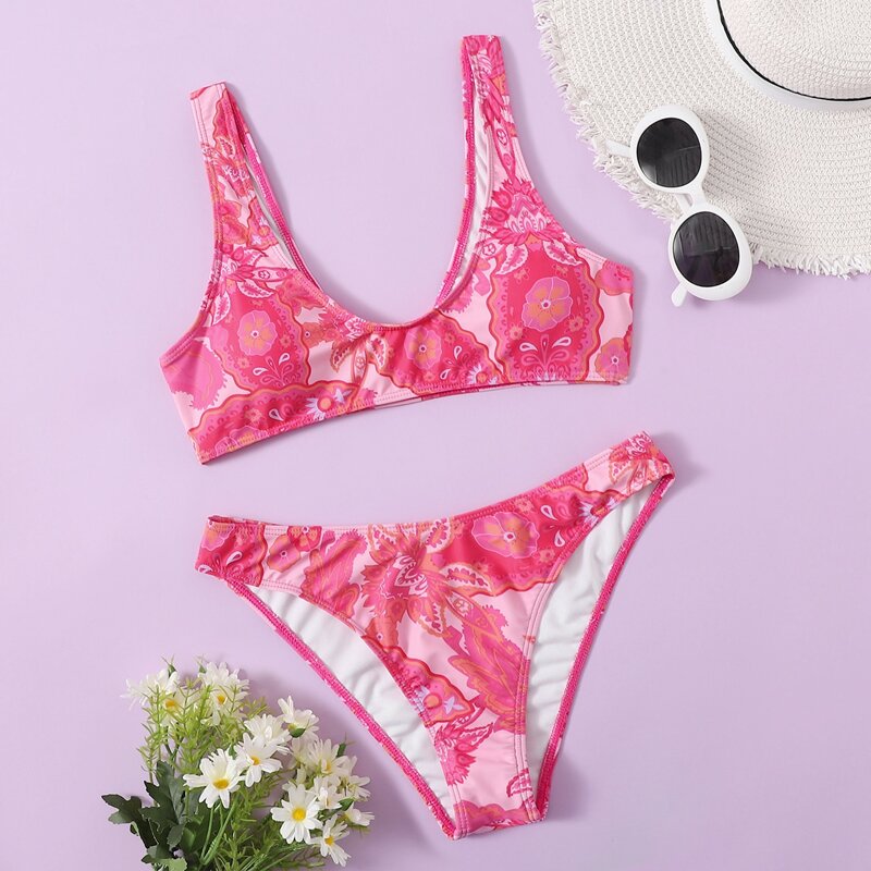 

Floral Scoop Neck Bikini Swimsuit, Pink