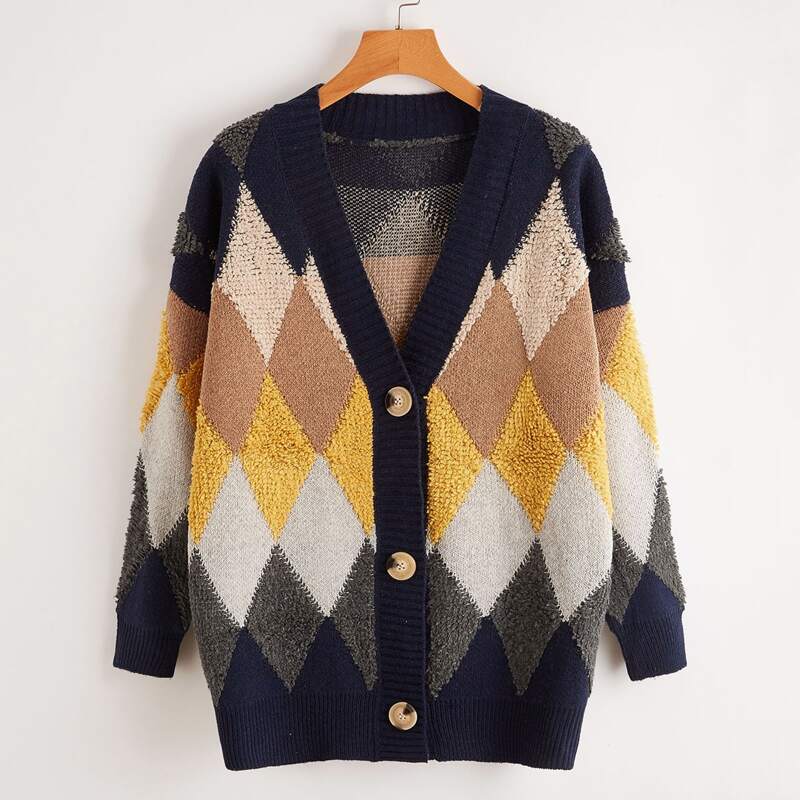 

Argyle Pattern Button Front Cardigan, Multicolor