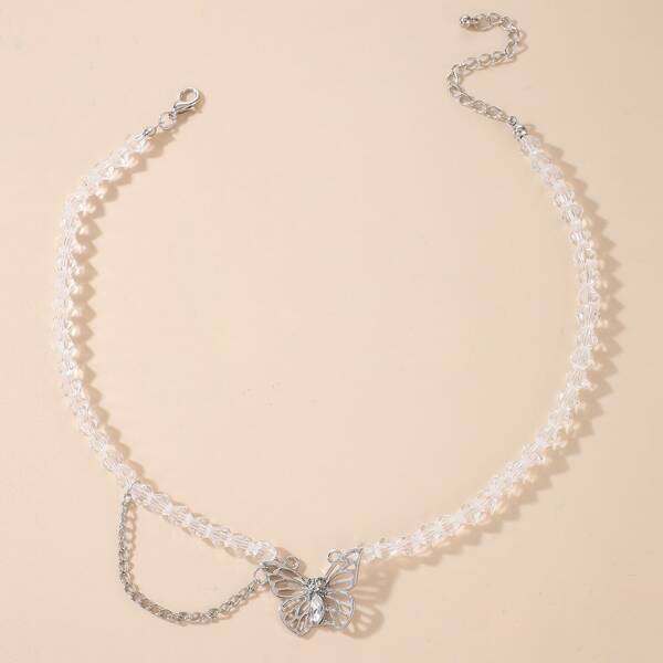 

Butterfly Decor Beaded Necklace, Silver