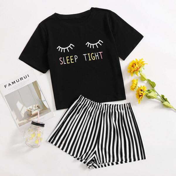 

Eyelash & Letter Graphic Tee & Striped Shorts PJ Set, Black and white