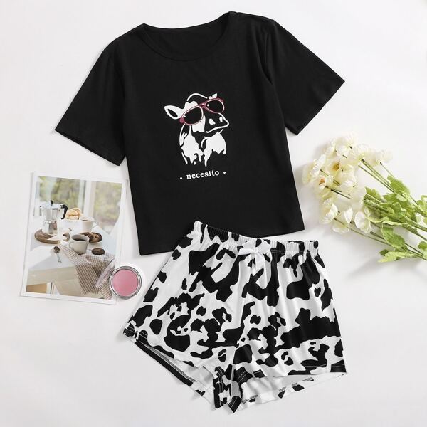 

Dog & Letter Graphic Tee & Cow Print Shorts PJ Set, Black and white