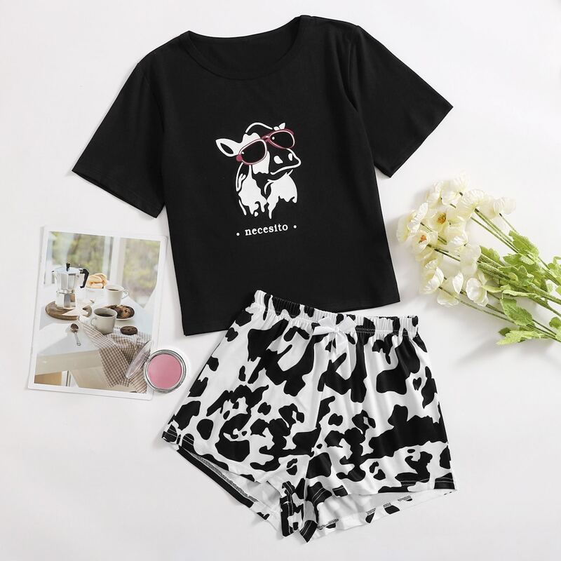

Dog & Letter Graphic Tee & Cow Print Shorts PJ Set, Black and white