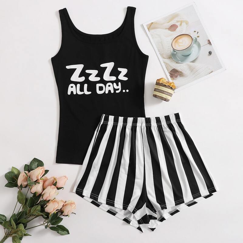 

Slogan Graphic Tank Top & Striped Shorts PJ Set, Black and white