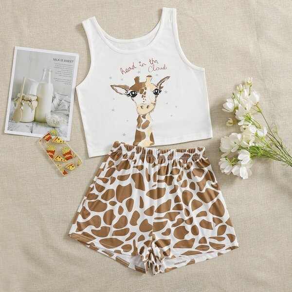 

Giraffe & Slogan Graphic PJ Set, Multicolor