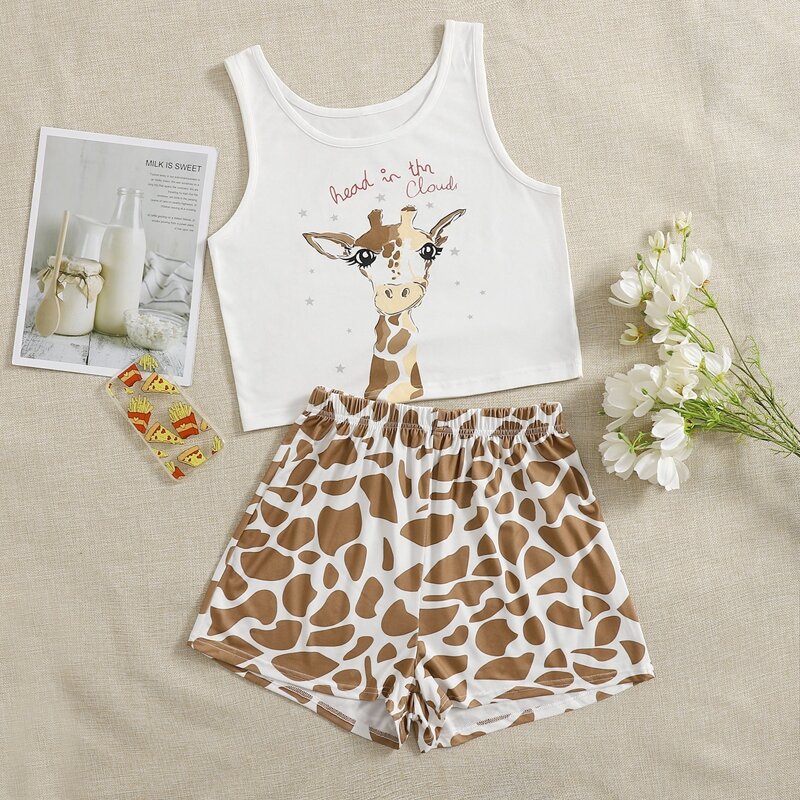

Giraffe & Slogan Graphic PJ Set, Multicolor