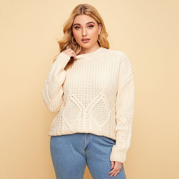 

Plus Solid Drop Shoulder Sweater, Beige
