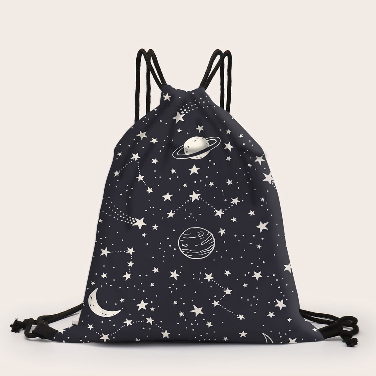 

Star & Planet Print Drawstring Backpack, Black