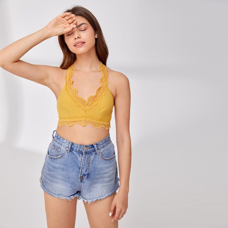 

Scallop Lace Trim Bralette, Yellow