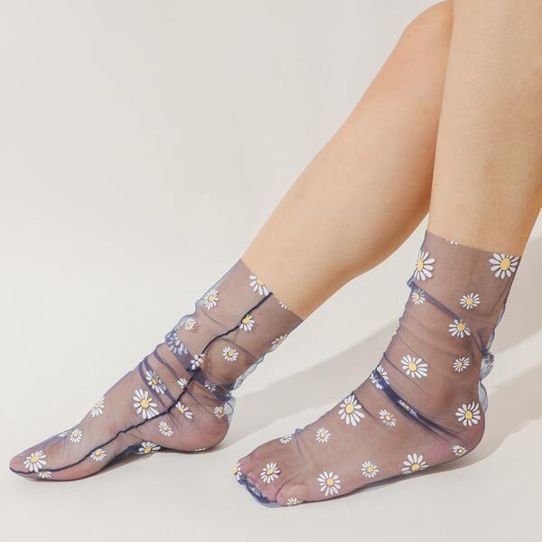 

Flower Pattern Socks, Navy blue