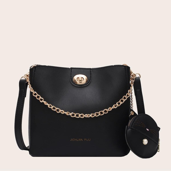 

Letter Graphic Twist Lock Satchel Bag With Purse, Black