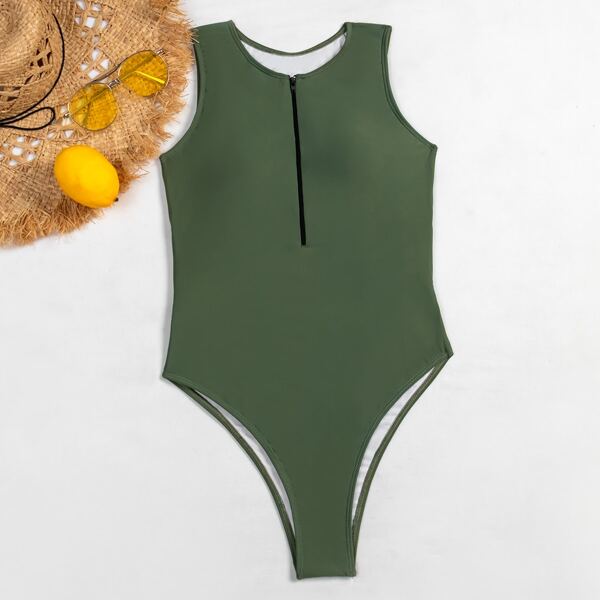 

Zip Front One Piece Swimsuit, Army green