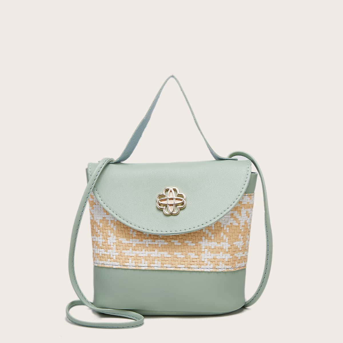 

Contrast PU Woven Bucket Bag, Green