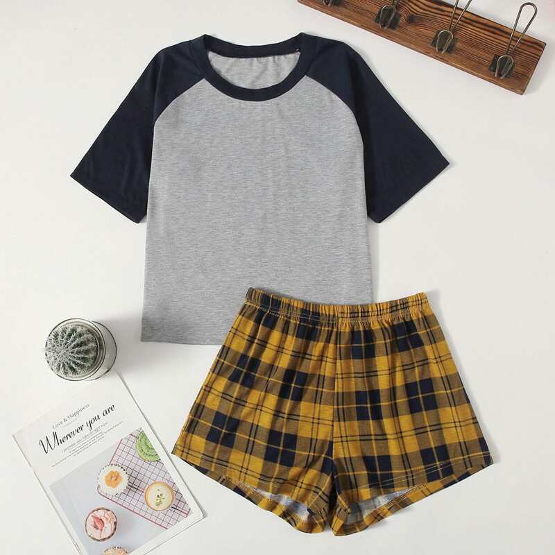 

Raglan Sleeve Tee & Plaid Shorts PJ Set, Multicolor