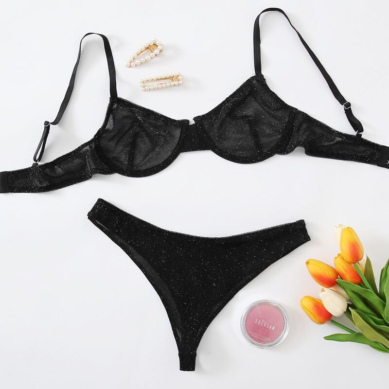 

Glitter Underwire Lingerie Set, Black