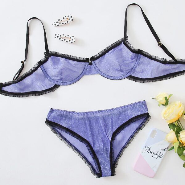 

Glitter Frill Trim Underwire Lingerie Set, Purple