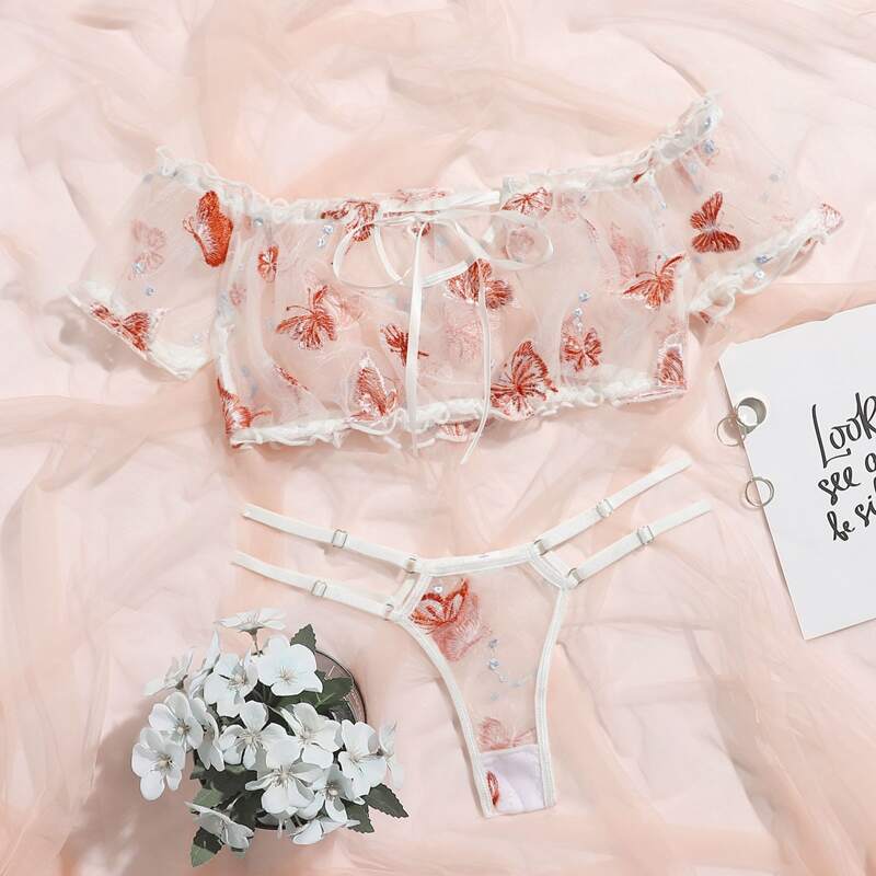 

Butterfly Embroidery Sheer Mesh Bardot Lingerie Set, White