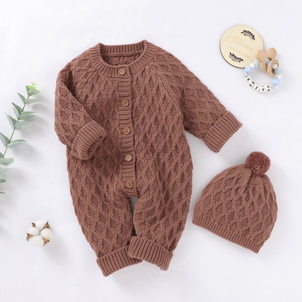 

Baby Boy Button Front Ribbed Jumpsuit With Hat, Coffee brown