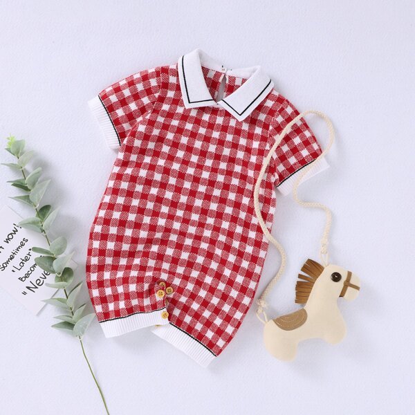 

Baby Boy Plaid Pattern Contrast Collar Sweater Romper, Red and white