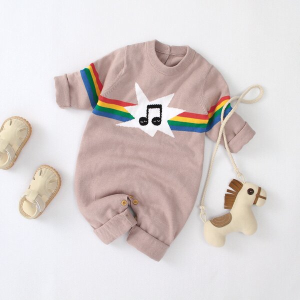 

Baby Girl Rainbow Stripe & Music Note Pattern Sweater Jumpsuit, Dusty pink