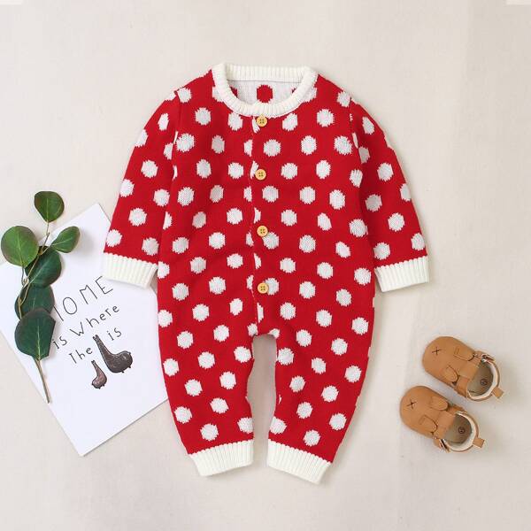 

Baby Girl Polka Dot Button Front Knit Jumpsuit, Red and white