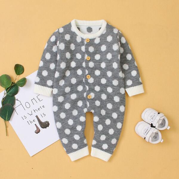 

Baby Girl Polka Dot Button Front Knit Jumpsuit, Grey