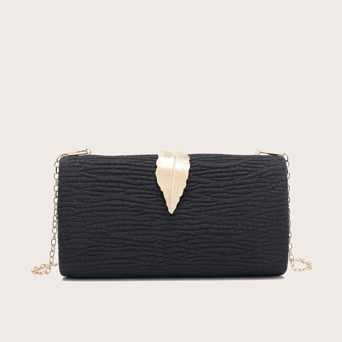 

Metal Leaf Decor Box Clutch Bag, Black