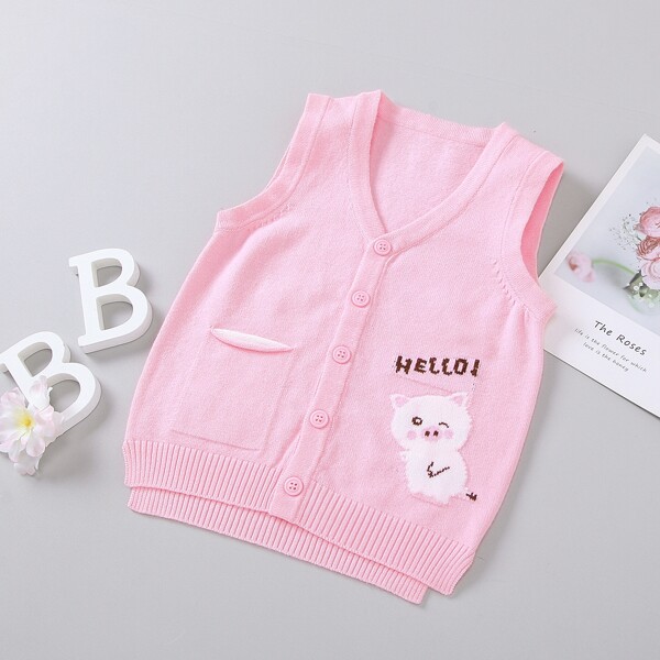 

Baby Girl Letter & Cartoon Graphic Pocket Detail Cardigan, Baby pink