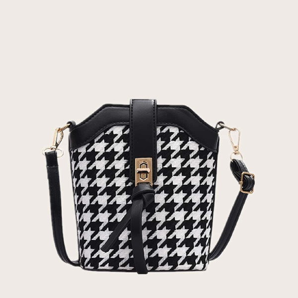 

Houndstooth Bucket Bag, Black and white