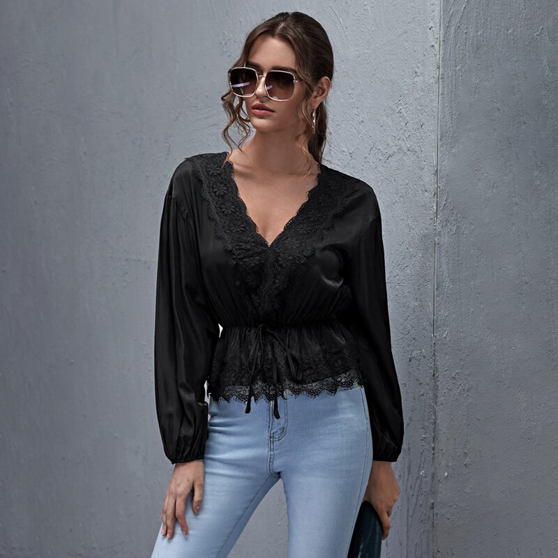 

Lace Trim Knot Waist Peplum Top, Black