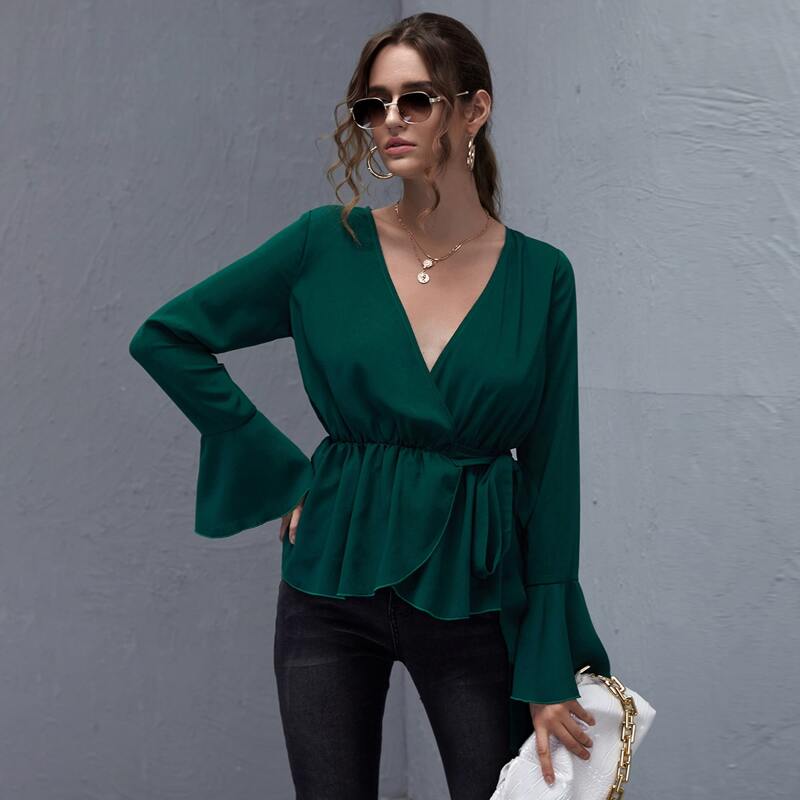 

Flounce Sleeve Wrap Tie Side Peplum Blouse, Dark green