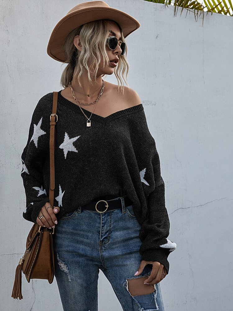 Ripped Hem Star Pattern Sweater