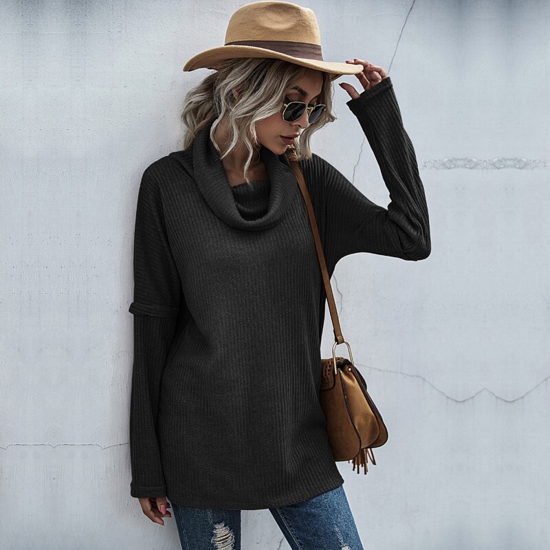

Cowl Neck Split Hem Longline Sweater, Black