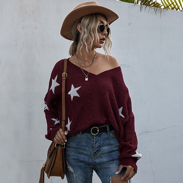 

Ripped Hem Star Pattern Sweater, Maroon