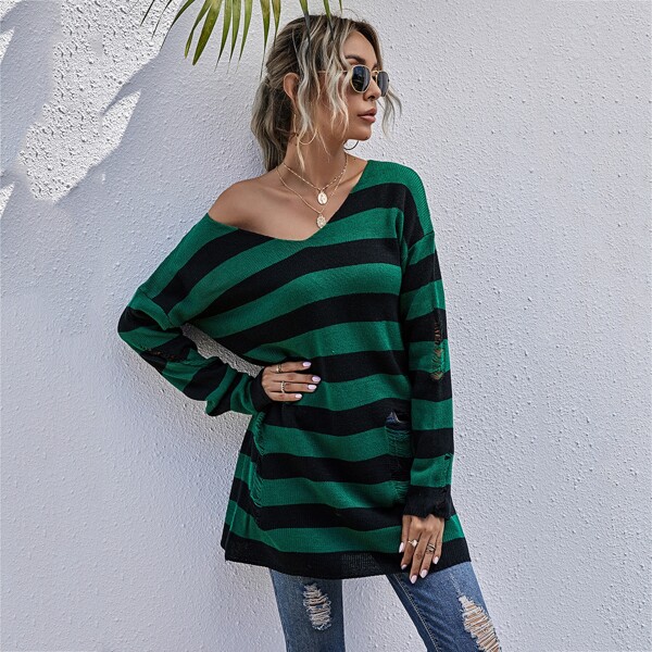 

Block Striped Ripped Longline Sweater, Multicolor