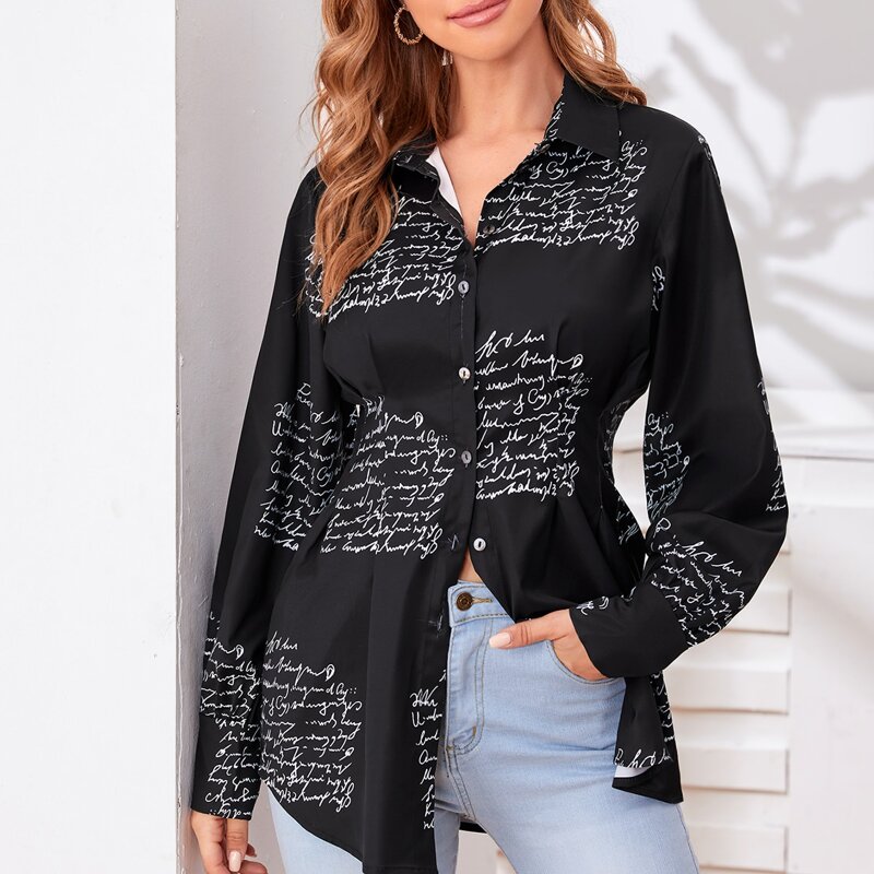 

Collared Buttoned Front Letter Graphic Blouse, Black
