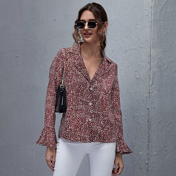 

Notched Collar Flounce Sleeve Buttoned Front Dalmatian Blouse, Multicolor