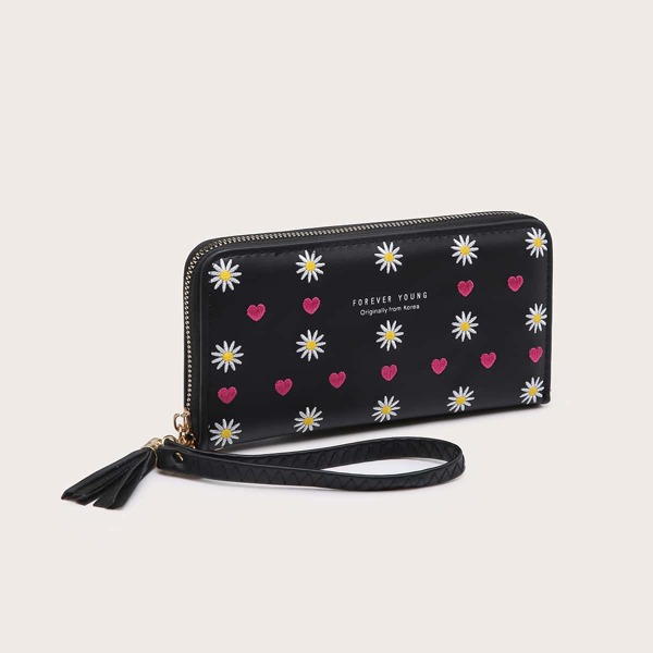 

Daisy Embroidered Tassel Decor Purse, Black