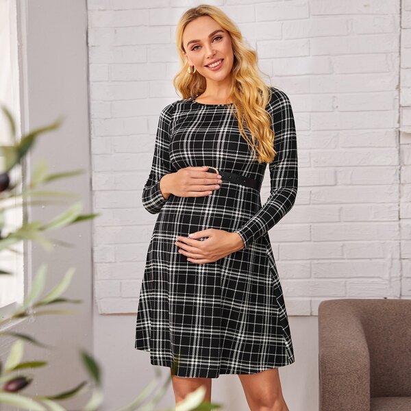 

Maternity Plaid A Line Dress Without Belt, Black and white