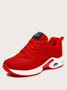 Women Red Lace-up Front Sneakers, Round Toe Breathable Running Shoes - Red - View 1