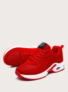 Women Red Lace-up Front Sneakers, Round Toe Breathable Running Shoes - Red - View 2