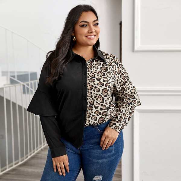 

Plus Leopard Print Spliced Ruffle Blouse, Multicolor