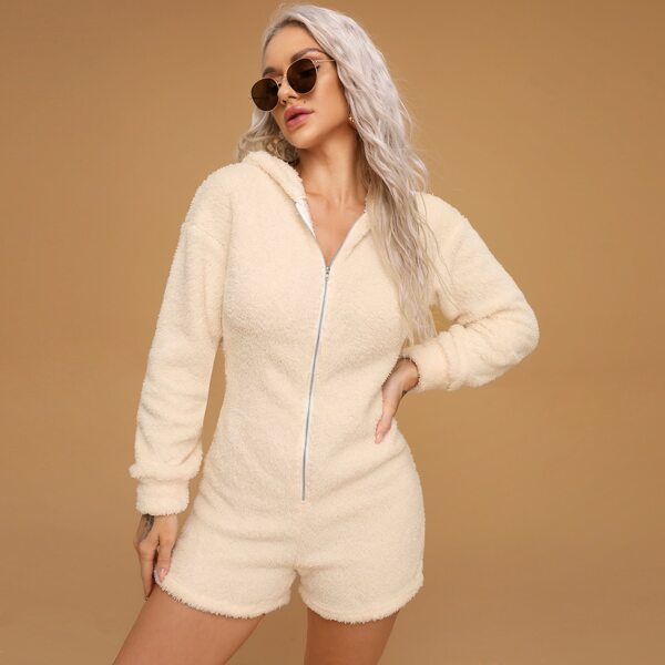 

Zip Front Hooded Teddy Romper, Beige